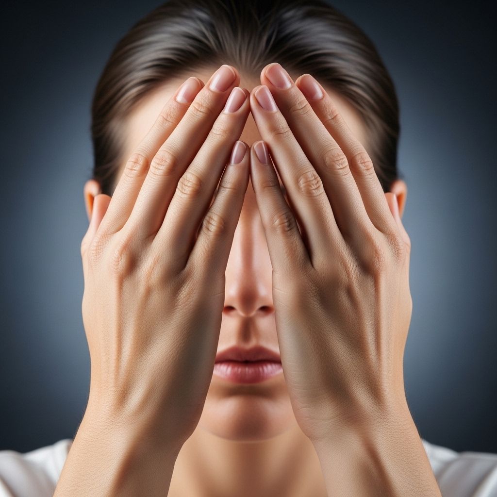 Mains légèrement courbées placées devant le visage dans une position apaisante, symbolisant la technique de relaxation oculaire par occultation douce