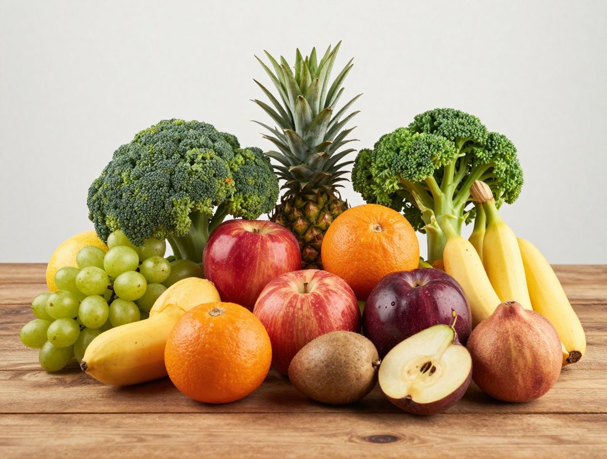 Assortiment coloré de légumes frais et de fruits sur une planche en bois rustique, éclairage naturel chaud